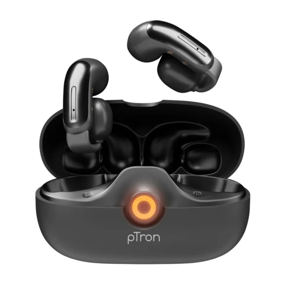 pTron Bassbuds Vortex Clips Wireless Open Ear Earbuds w/Chrome Finish, SafeBeats Tech, 50Hrs Playtime, Dual HD Mic w/AI-ENC, 10mm Driver, Pristine Sound, BTv5.4 Earclips, Type C Charging (Obsidian)