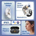 pTron Bassbuds Vortex Clips Wireless Open Ear Earbuds w/Chrome Finish, SafeBeats Tech, 50Hrs Playtime, Dual HD Mic w/AI-ENC, 10mm Driver, Pristine Sound, BTv5.4 Earclips, Type C Charging (Obsidian) - Image 5